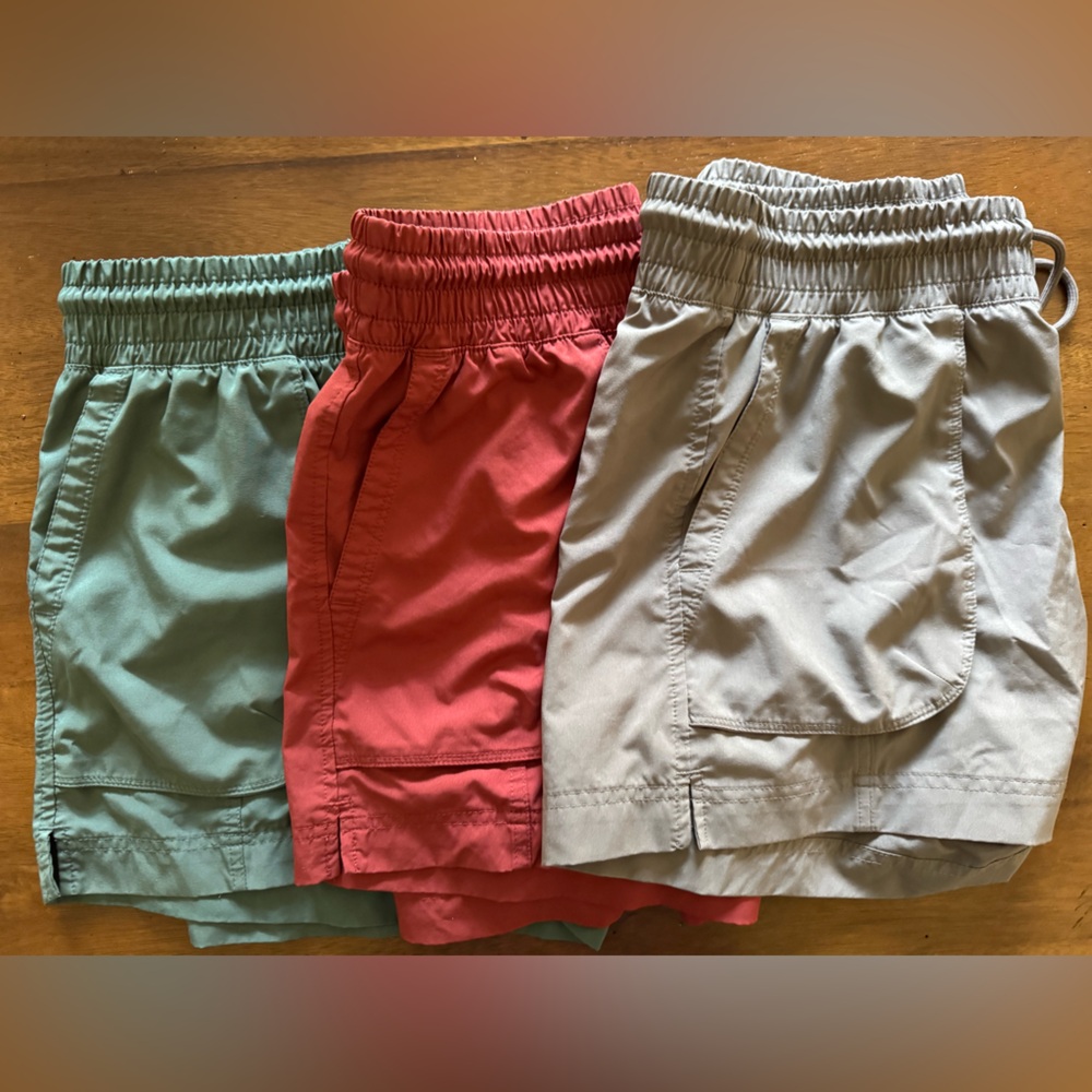 Trio of Old Navy StretchTech Shorts in Neutral, Green, and Red - Size M